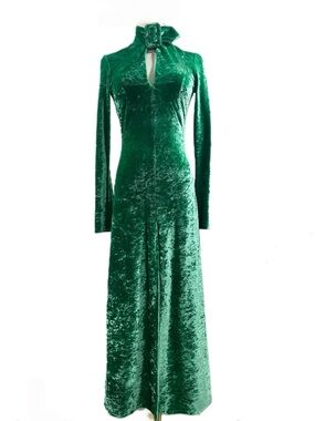 New! S The Attico Green Crushed Velvet Long-Sleeve Maxi Dress with High Neck
